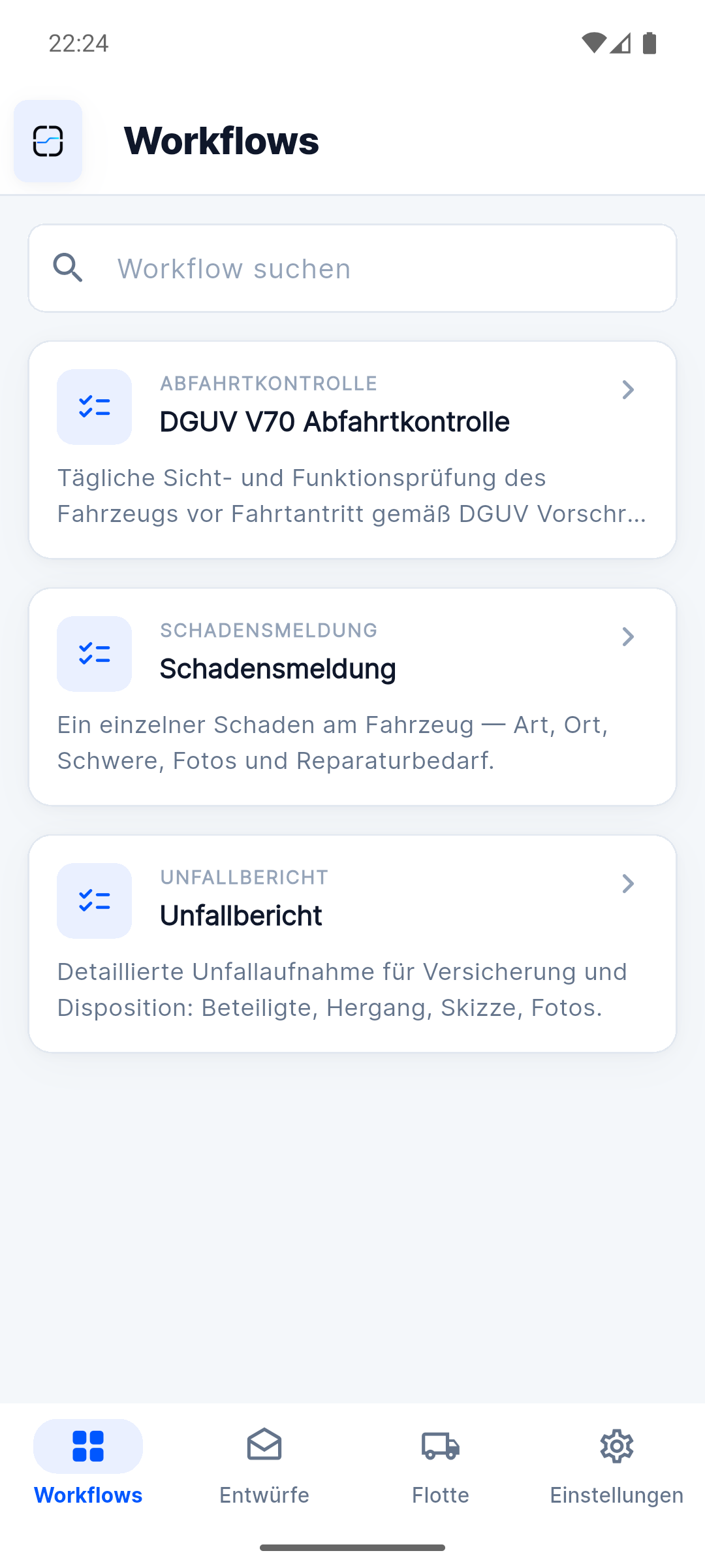 Ordo Fahrer-App: Workflow-Bibliothek mit Abfahrtkontrolle, Schaden- und Unfallbericht