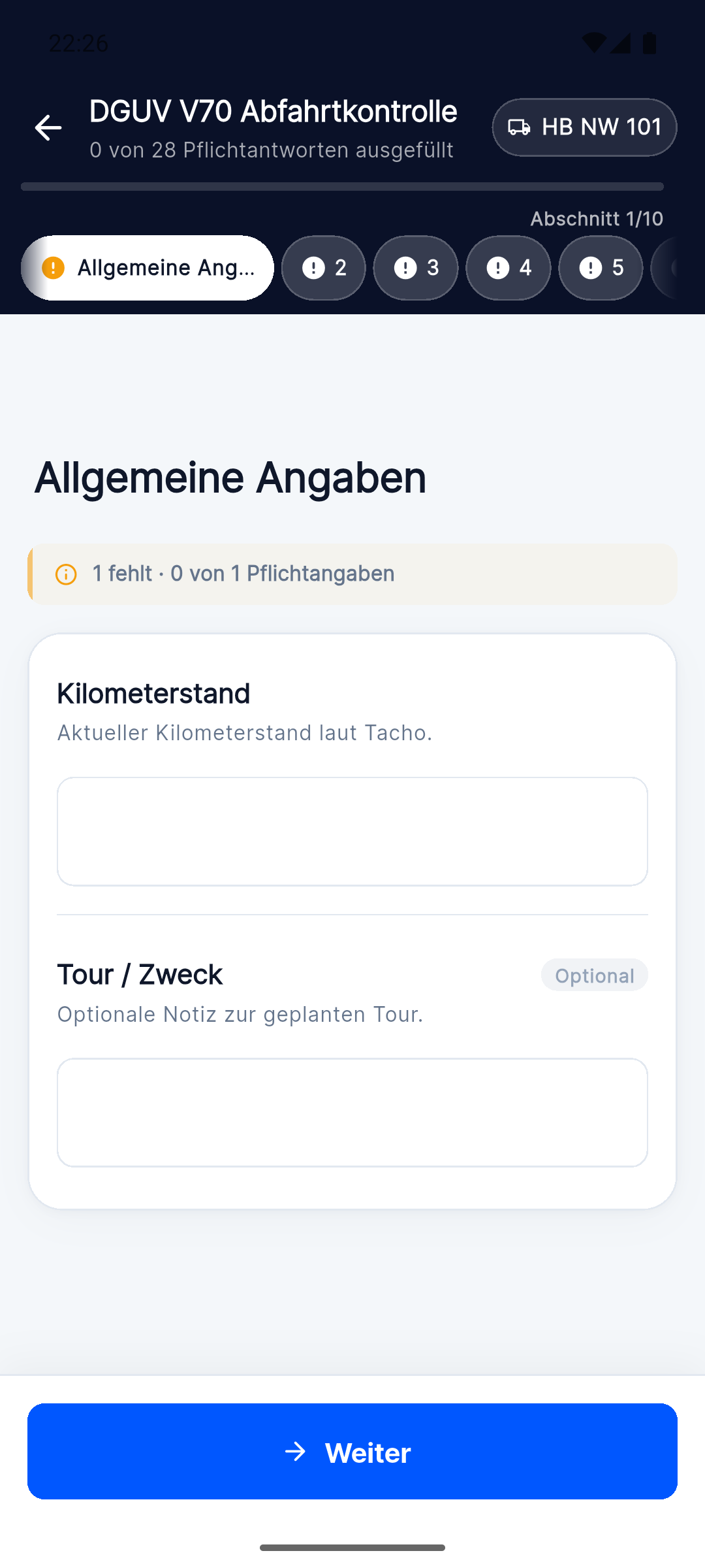 Ordo Fahrer-App: DGUV V70 Abfahrtkontrolle mit Ja/Nein-Prüfpunkten, offline ausfüllbar