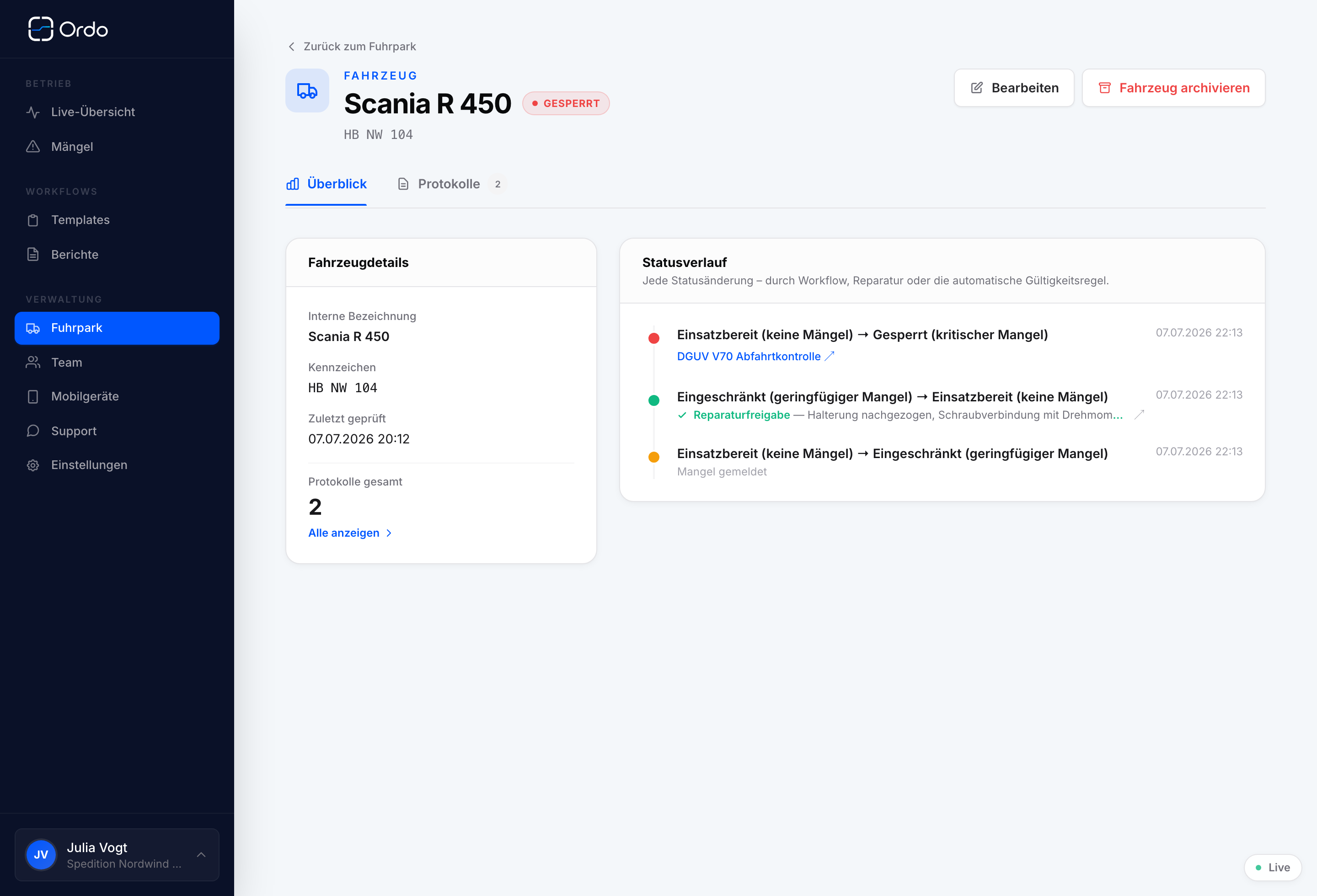 Ordo Fahrzeug-Detail mit Statusverlauf und verknüpftem Workflow